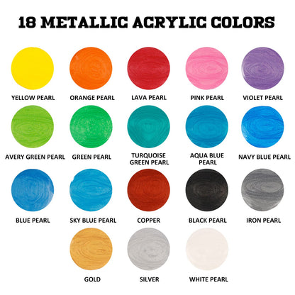 Metallic Acrylic Pouring Paint Set - Set of 18 Metallic Colors - Pre-Mixed High Flow & Ready to Pour - 2 oz./ 59 ml Bottles - Multi-purpose Paints for Canvas & Paper, Rocks, Wood and More