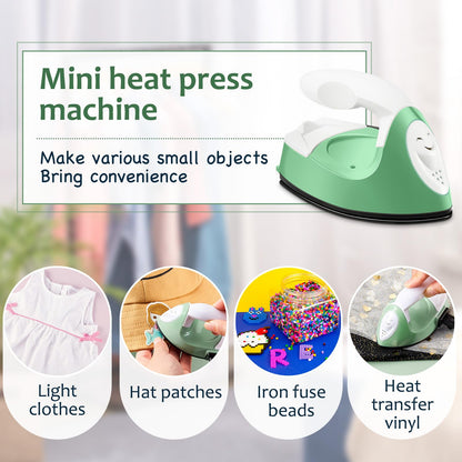 Mini Craft Iron Mini Heat Press Small Portable Tiny Iron with Charging Base Accessories for Fuse Beads Patch DIY Shoes T-Shirts Heat Transfer Vinyl Projects(Green)