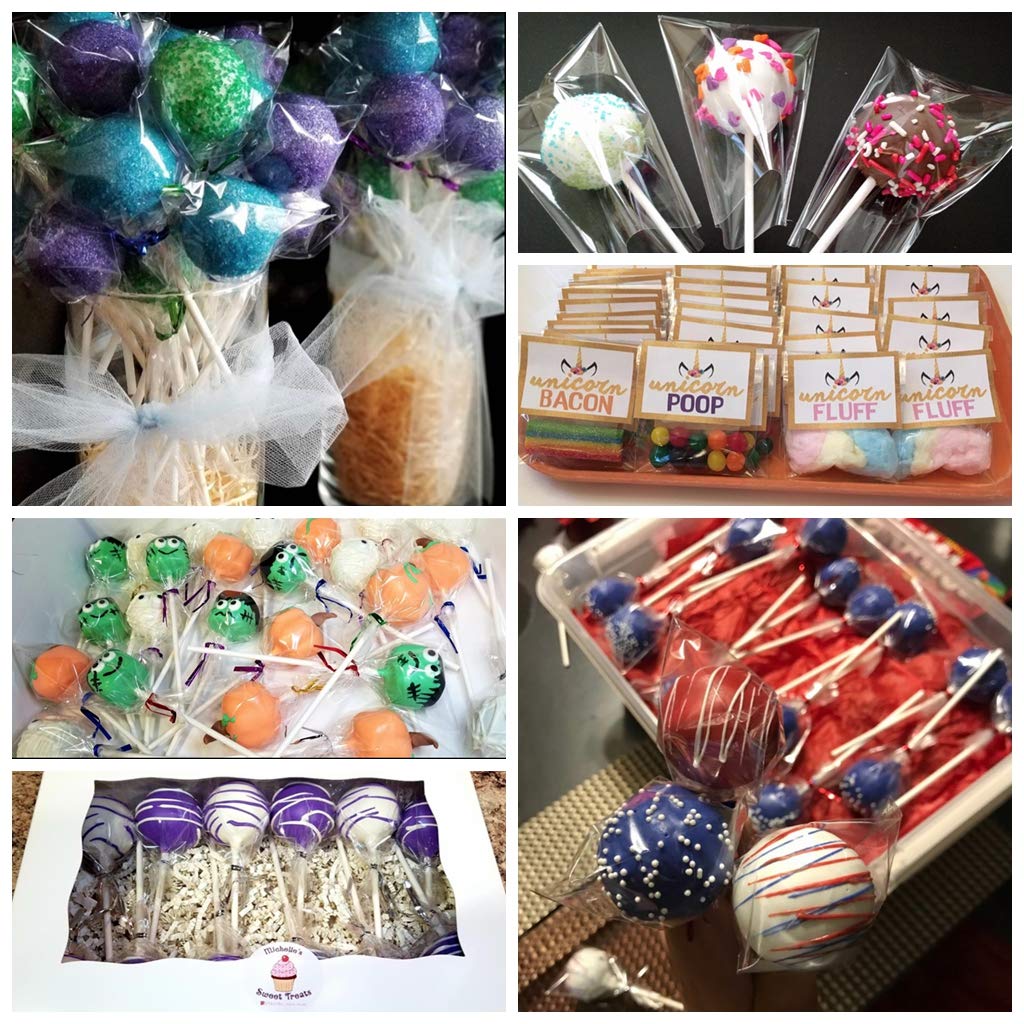 200 Treat Bags 3x4 with 200 Twist Ties 4" 6 Mix Colors - 1.4 mils Thickness OPP Plastic Bags for Lollipop Candy Cake Pop Chocolate Cookie Wrapping Buffet