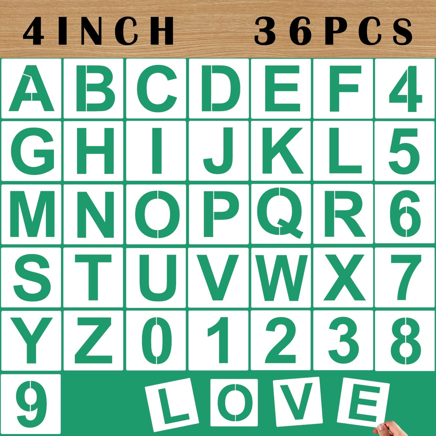 4'' Letter Stencils and Numbers Reusable Plastic, 36 Pc Alphabet Art Craft Stencils, Number Symbol Templates for Wood, Wall, Fabric, Rock, Chalkboard, Signage