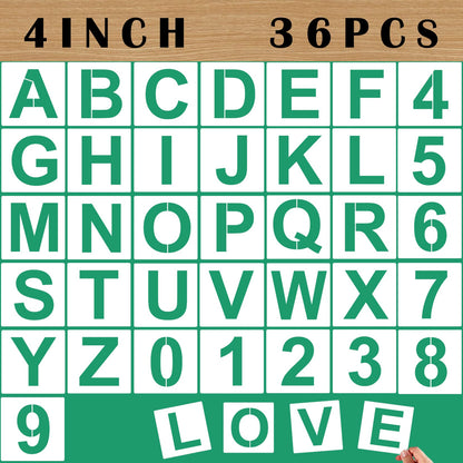 4'' Letter Stencils and Numbers Reusable Plastic, 36 Pc Alphabet Art Craft Stencils, Number Symbol Templates for Wood, Wall, Fabric, Rock, Chalkboard, Signage