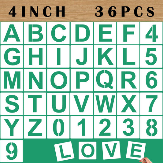 4'' Letter Stencils and Numbers Reusable Plastic, 36 Pc Alphabet Art Craft Stencils, Number Symbol Templates for Wood, Wall, Fabric, Rock, Chalkboard, Signage