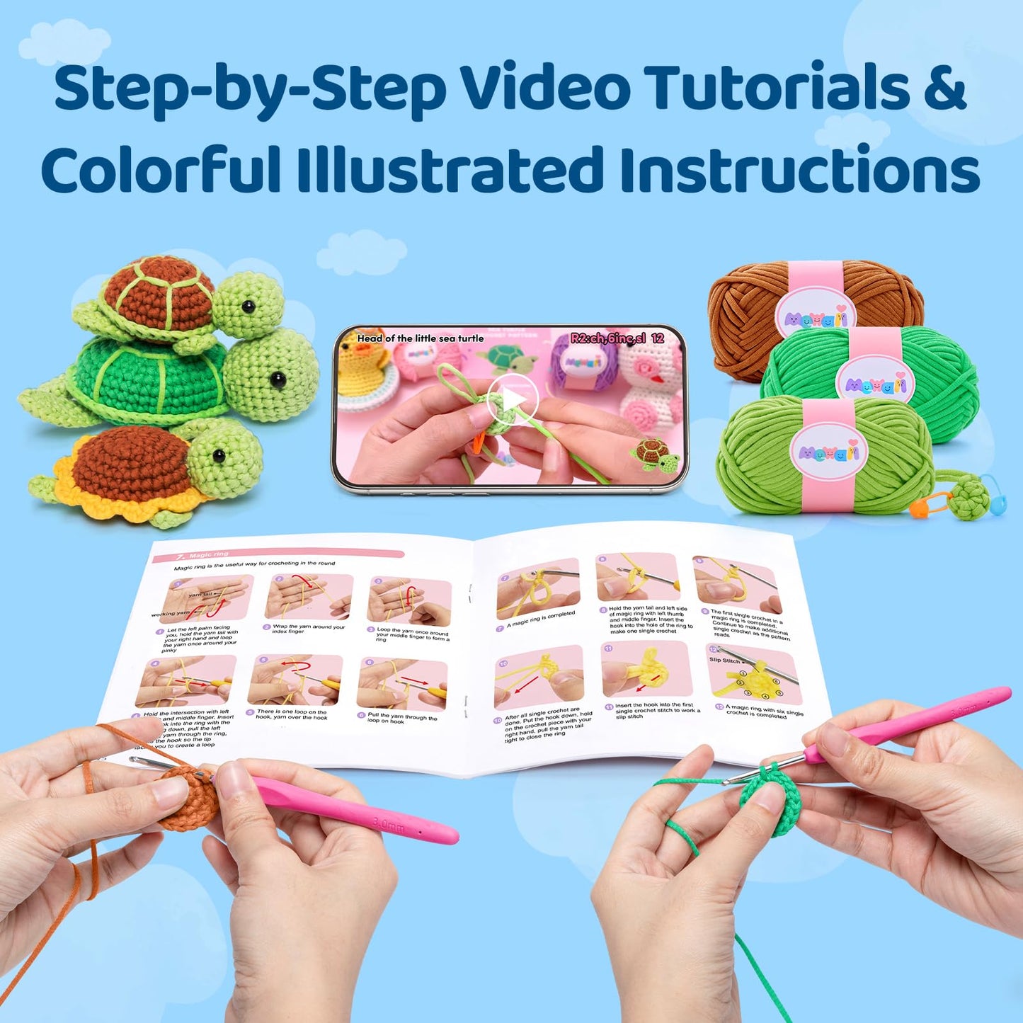 Beginner Crochet Kit with 40% Extra Yarn, Pre-Started Yarn & Video Tutorials - 3 Sea Turtles Craft Set for Adults & Kids