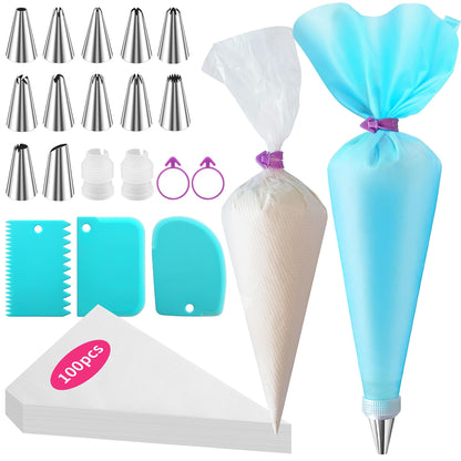 Piping Bags and Tips Set -Ultimate Cake Decorating Supplies Kit - Included 100 Disposable Pastry Bags, 1 Reusable Silicone Bag, 2 Couplers, 12 Frosting Tips, 2 Ties, 3 Icing Scrapers for Baking