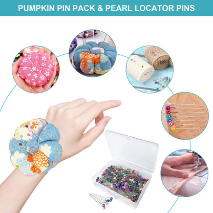 Sewing Kit - 216 Pcs, 2 Magnetic Wrist Pincushions, 200 Straight Pins, 10 Clips, 2 Seam Rippers, 1 Scissor
