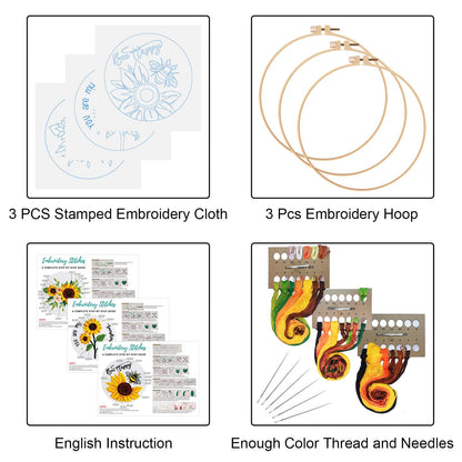 3 Sets Sunflowers Embroidery Kit for Beginners,Cross Stitch Kits for Adults with Summer Flowers Bee Stamped Pattern,Starters Needlepoint with Embroidery Instruction
