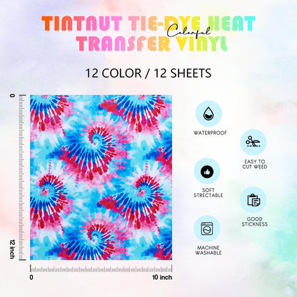 Tie Dye HTV Heat Transfer Vinyl - 12 Sheets Bundle, 10x12 Inch, Watercolor Swirl Patterned HTV for T-Shirts, Compatible with Cricut or Silhouette Cameo