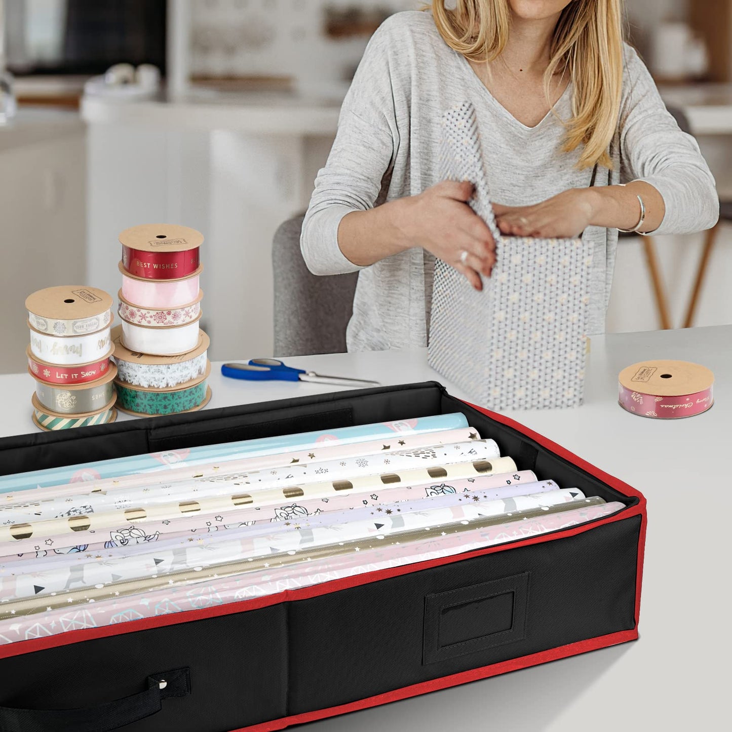 Wrapping Paper Storage Organizer, 40" Durable 600D Oxford Fabric Gift Wrap Storage Bag with Flexible Partitions for Ribbon, Holiday Accessories (Black/Red)