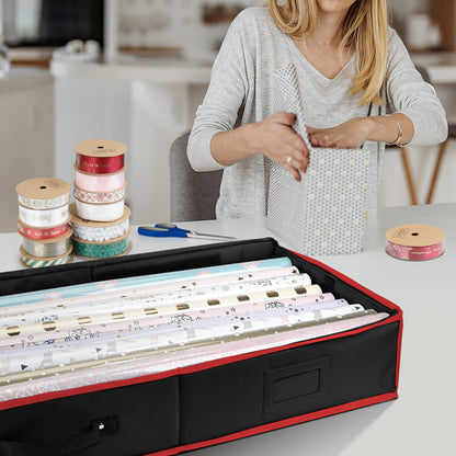 Wrapping Paper Storage Organizer, 40" Durable 600D Oxford Fabric Gift Wrap Storage Bag with Flexible Partitions for Ribbon, Holiday Accessories (Black/Red)