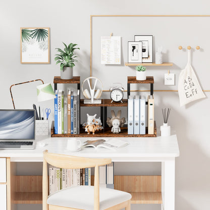 Wood Desktop Shelf - Freestanding Small Bookshelf Desk Hutch Supplies Organizers, 3 Tier Storage Display Display Rack Office Decor, Stand Shelves with Metal Frame for Books/Plants/Toys