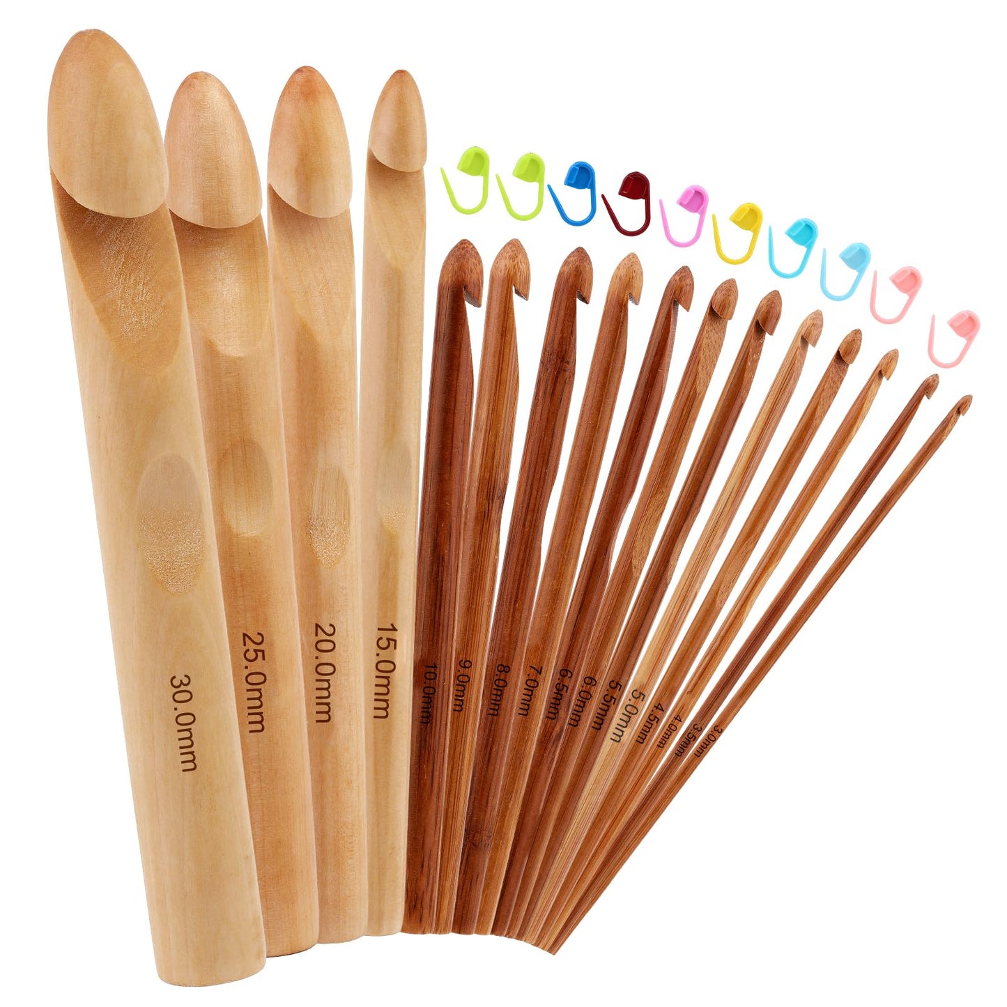 16 Pieces Wooden Crochet Hooks, 3 to 30 mm in Diameters Handle Crochet Hook Knitting Crochet Needles with 10 pcs Knitting Stitch Markers for Handcraft Crocheting