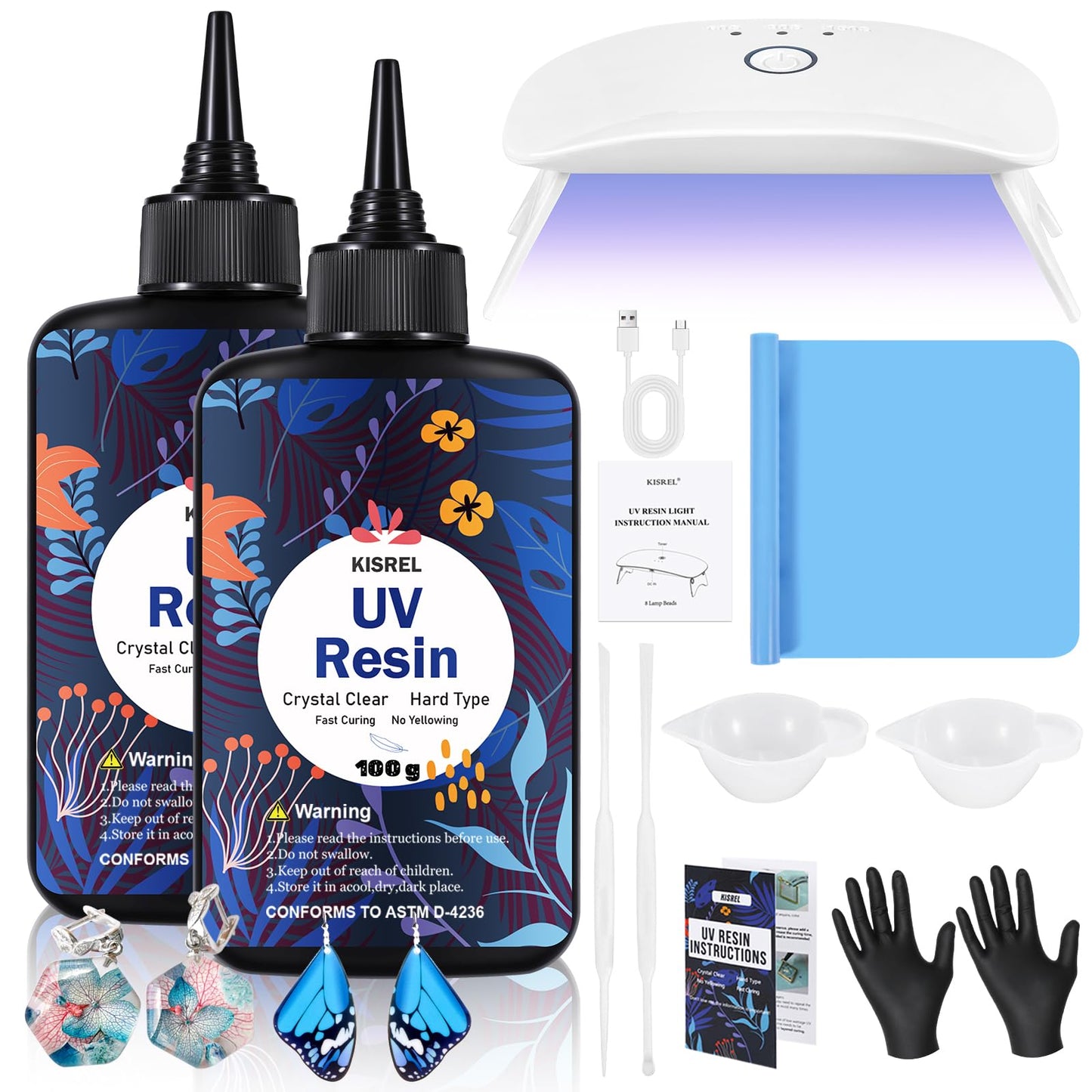 UV Resin with Light - 200g Upgraded Hard Type Crystal Clear Ultraviolet Curing UV Resin Kit, 8 Lamp Beads UV Light, UV Resin with Light for Craft Jewelry Making