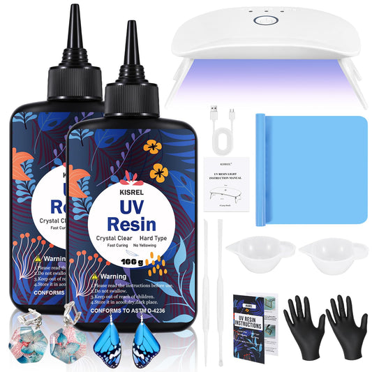 UV Resin with Light - 200g Upgraded Hard Type Crystal Clear Ultraviolet Curing UV Resin Kit, 8 Lamp Beads UV Light, UV Resin with Light for Craft Jewelry Making