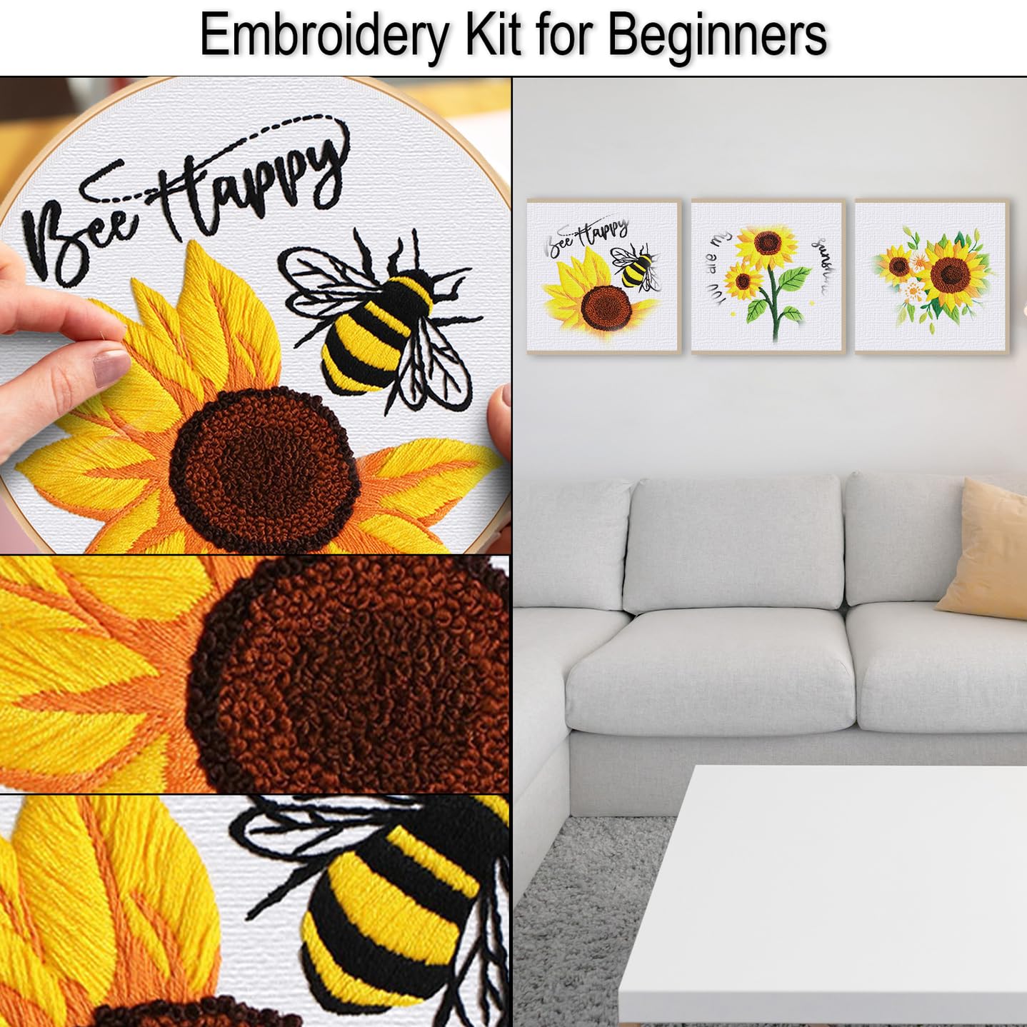 3 Sets Sunflowers Embroidery Kit for Beginners,Cross Stitch Kits for Adults with Summer Flowers Bee Stamped Pattern,Starters Needlepoint with Embroidery Instruction