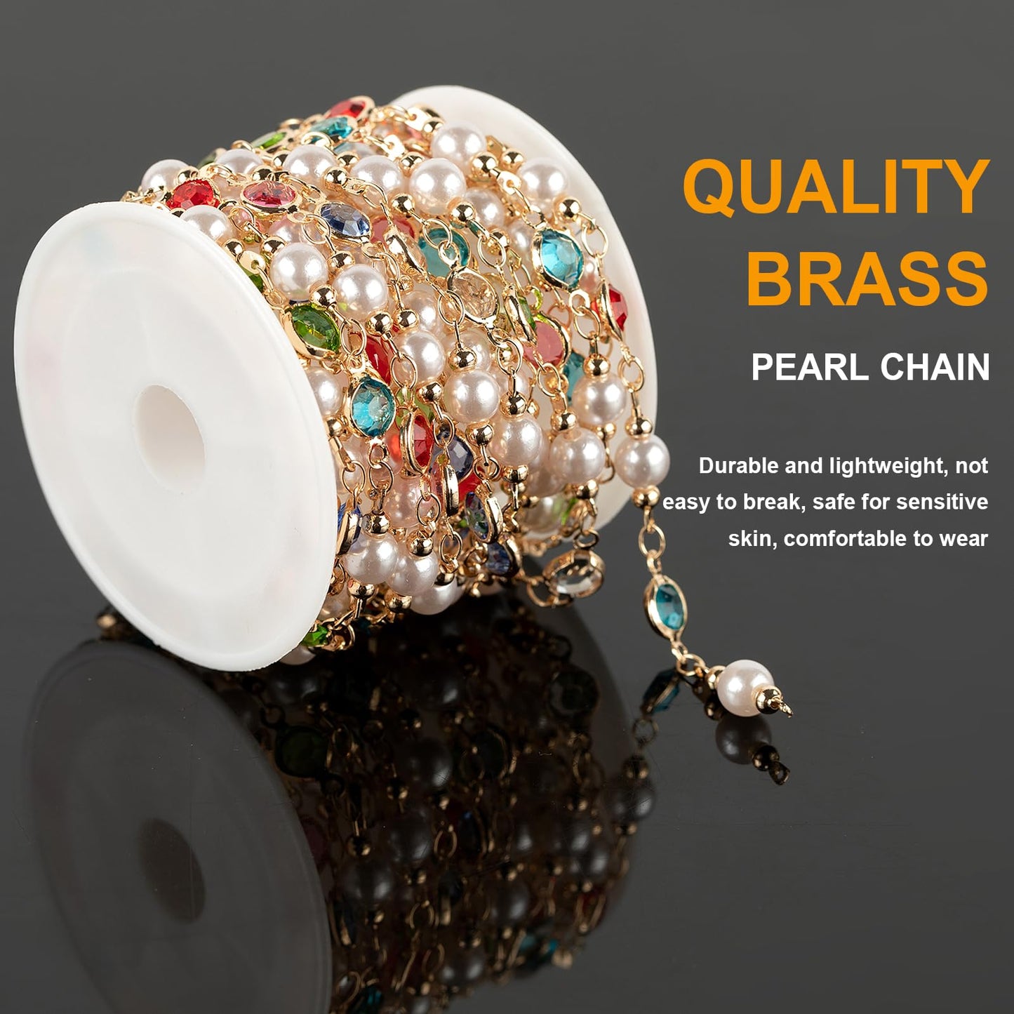 3 Meters Pearl Chains for Jewelry Making, Mixed Color Rhinestone Beaded Chains Bulk with Jump Rings and Lobster Clasps for Crafts DIY Supply Findings