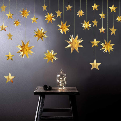 Gold Party Decorations Star Garlands Streamer Gold 3D Stars Metallic Paper Hanging Bunting Banner for Birthday Wedding Baby Bridal Shower Holiday Christmas Ramadan EID Mubarak Party Supplies