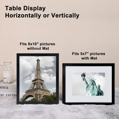 8x10 Picture Frame Set of 6, Display Pictures 5x7 with Mat or 8x10 Without Mat for Tabletop Display and Wall Mounting, Black