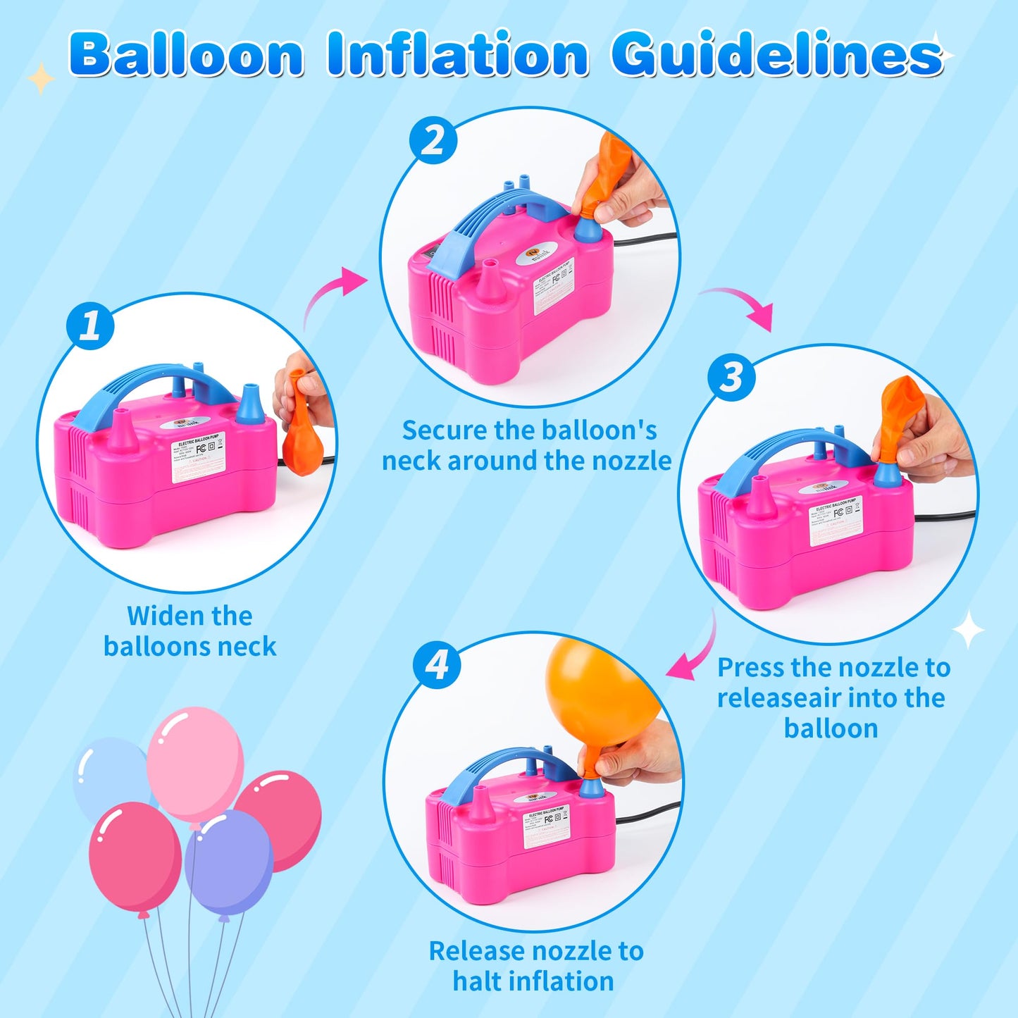 Electric Portable Dual Nozzle Balloon Blower Pump Inflation for Decoration, Party, Sport [110V~120V, 600W, Rose Red]