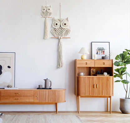 Owl Macrame Wall Hanging-Hand Woven Boho Tapestry-Macrame Wall Decor -Owl Decor for Bedroom, Living Room, Nursery (Beige-Small)