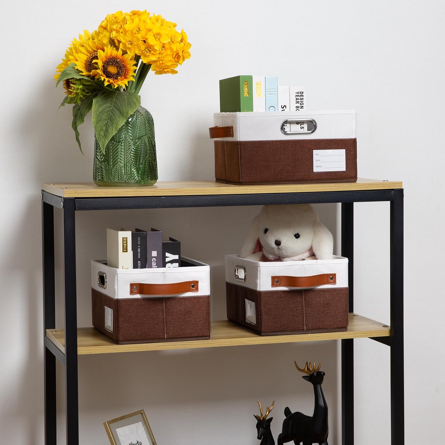 Foldable Storage Bins with Handles [3-Pack] Fabric Collapsible Storage Boxes Baskets Cubes Containers with Handles for Closet Living Room Bedroom (Brown & White 11.5x8.5x6.7'')