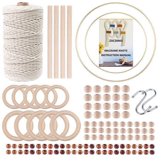 119pcs Macrame Kits for Starter 3mm x 109Yards Natural Cotton Macrame Cord with 100pcs Wooden Beads,10pcs Wooden Rings,Wooden Sticks,Metal Rings,S Hooks Macrame Supplies for Plant Hangers