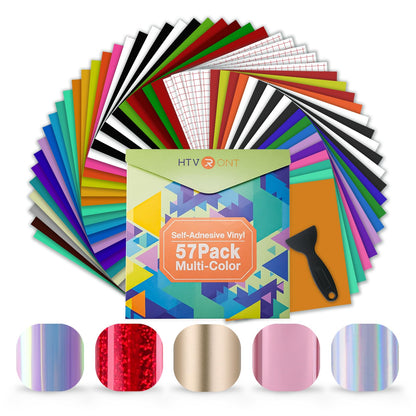Permanent Vinyl for Cricut Machine- 57 Pack 12" x 12" Permanent Bundle, 52 Adhensive Vinyl Sheets and 5 Transfer Tape Sets for Party Decoration, Stiker