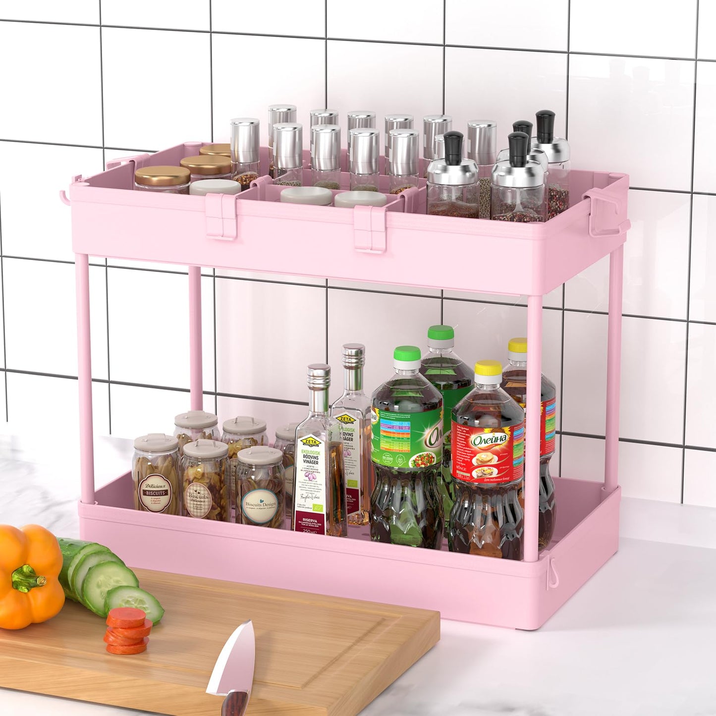 3 Tier Rolling Cart with Wheels, Storage Craft Art Trolley Organizer Serving, 3 Hanging Baskets Easy Assembly, for Office, Living Room, Kitchen, Pink