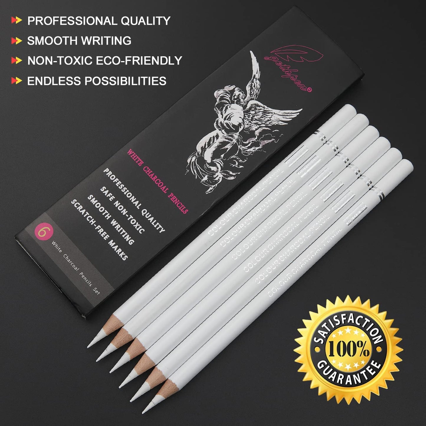 Professional White Charcoal Pencils Set - 6 Pieces Sketch Highlight White Pencils for Drawing, Sketching, Shading, Blending - Beginners & Artists