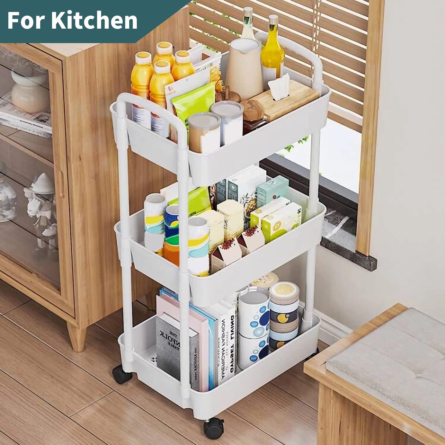 3 Tier Rolling Cart, Plastic Diaper Cart Organizer with Wheels, Roller Cart for Diapers, Baby Nursery, Kitchen, Bathroom, Living Room and Bedside, White