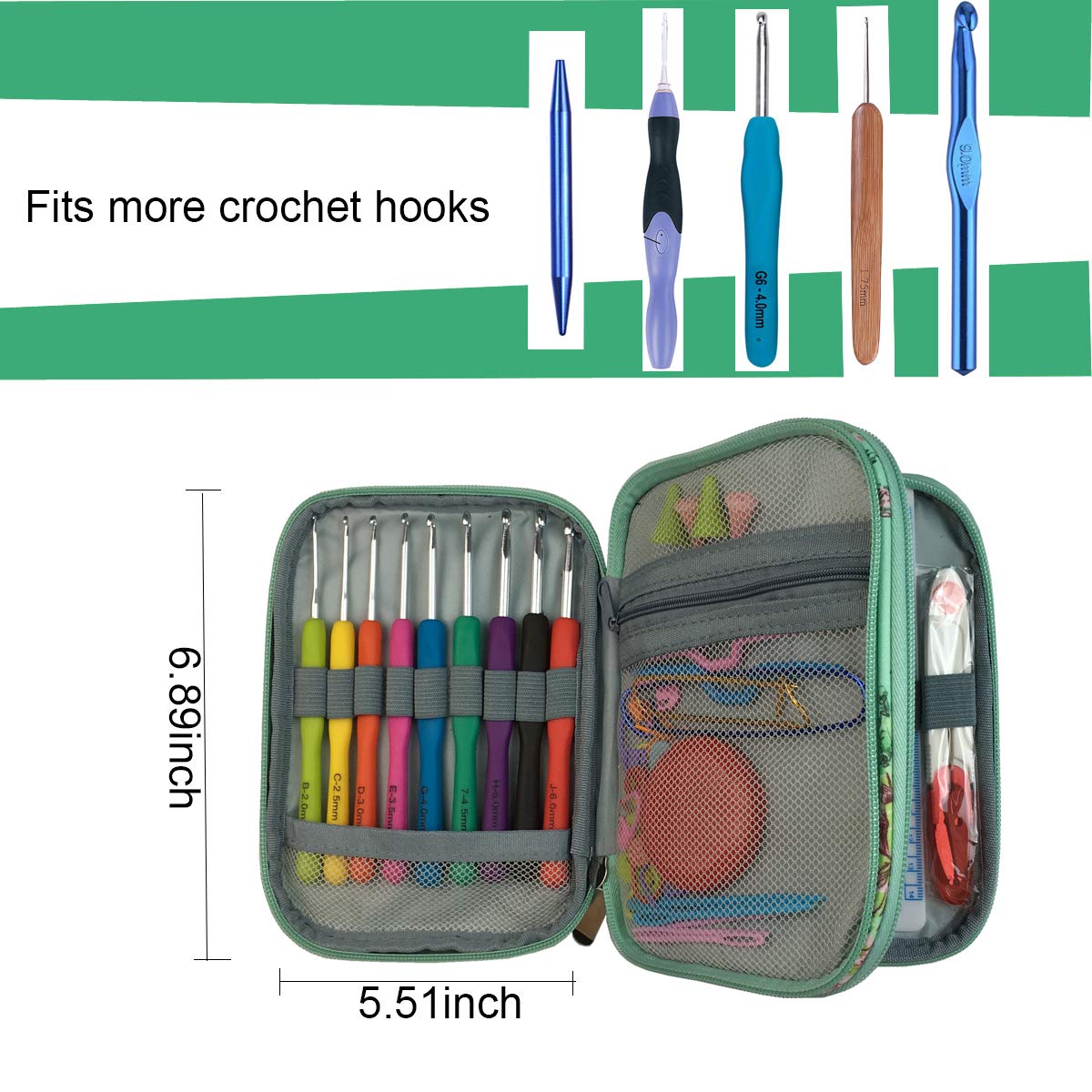 New Crochet Hook Case Without Hooks and Accessories, Zipper Storage Organizer Bag with Web Pockets for Various Crochet Needles/Knitting Accessories/Crochet Hook Kit Tools, Lightweight, Easy to Hold