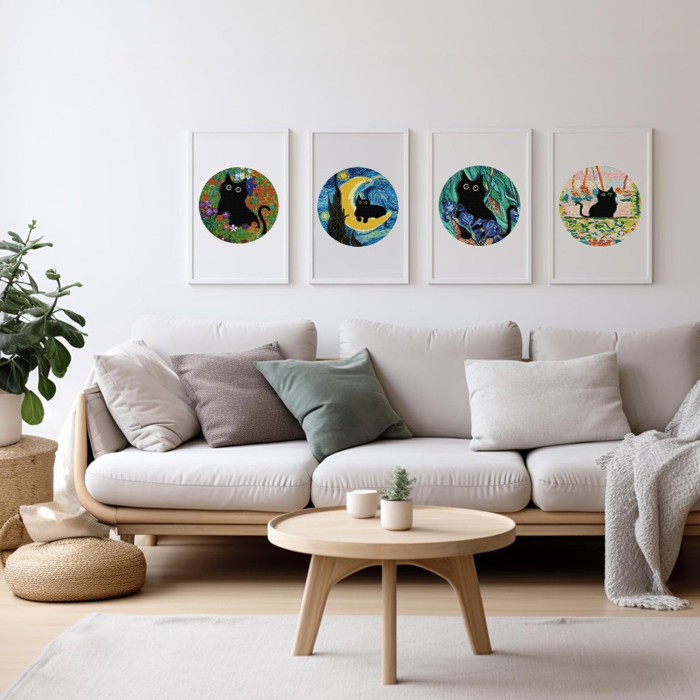 4 Pack Stamped Cross Stitch Kits with Frame - Black Cat Flower Starry Sky Moon Embroidery Kits for Beginners Adults,11 CT Patterns Dimensions Counted Cross Stitch Kits Arts Craft Kits 7.8 x 7.8 inch