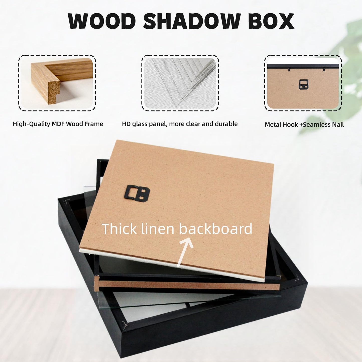 8x8 Shadow Box Picture Frame with Linen Board - Deep Wood & Glass Display Case Ready to Hang Memory Box Baby Sports Memorabilia, Pins, Awards, Medals, Wedding, Tickets and Photos (Black)