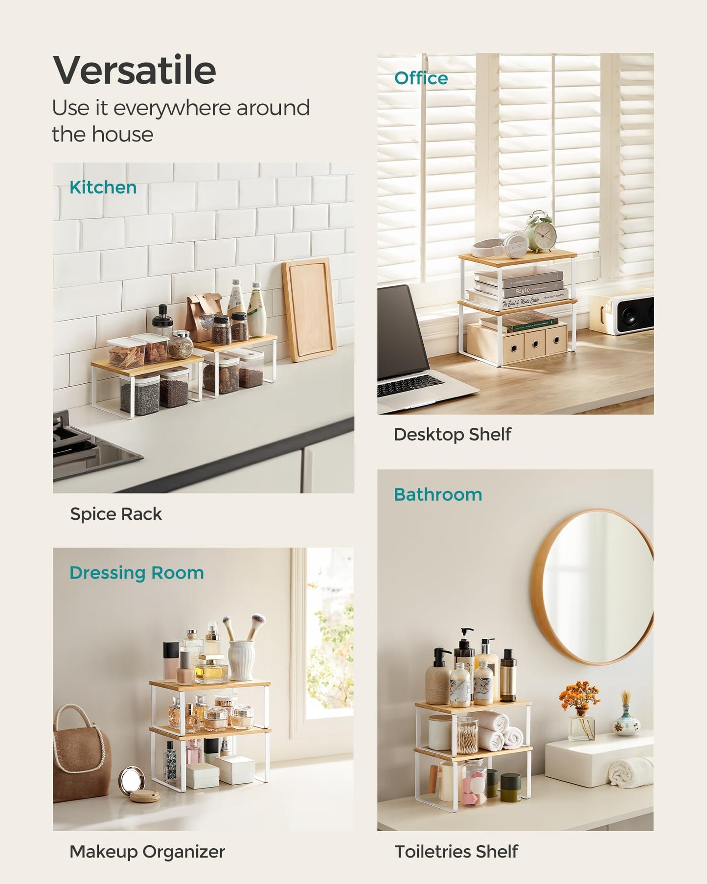 Cabinet Organizer Shelf, Set of 2 Kitchen Counter Shelves, Kitchen Storage, Spice Rack, Stackable, Expandable, Metal and Engineered Wood, Cloud White and Natural Beige UKCS02NW