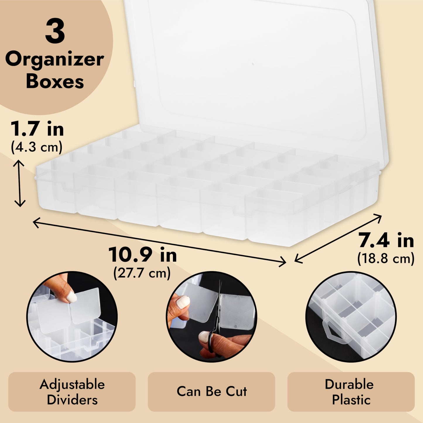 3 Pack Bead Storage Organizer Box with 36 Grids and Removable Dividers - Plastic Bead Box for Craft, Jewelry and Earrings