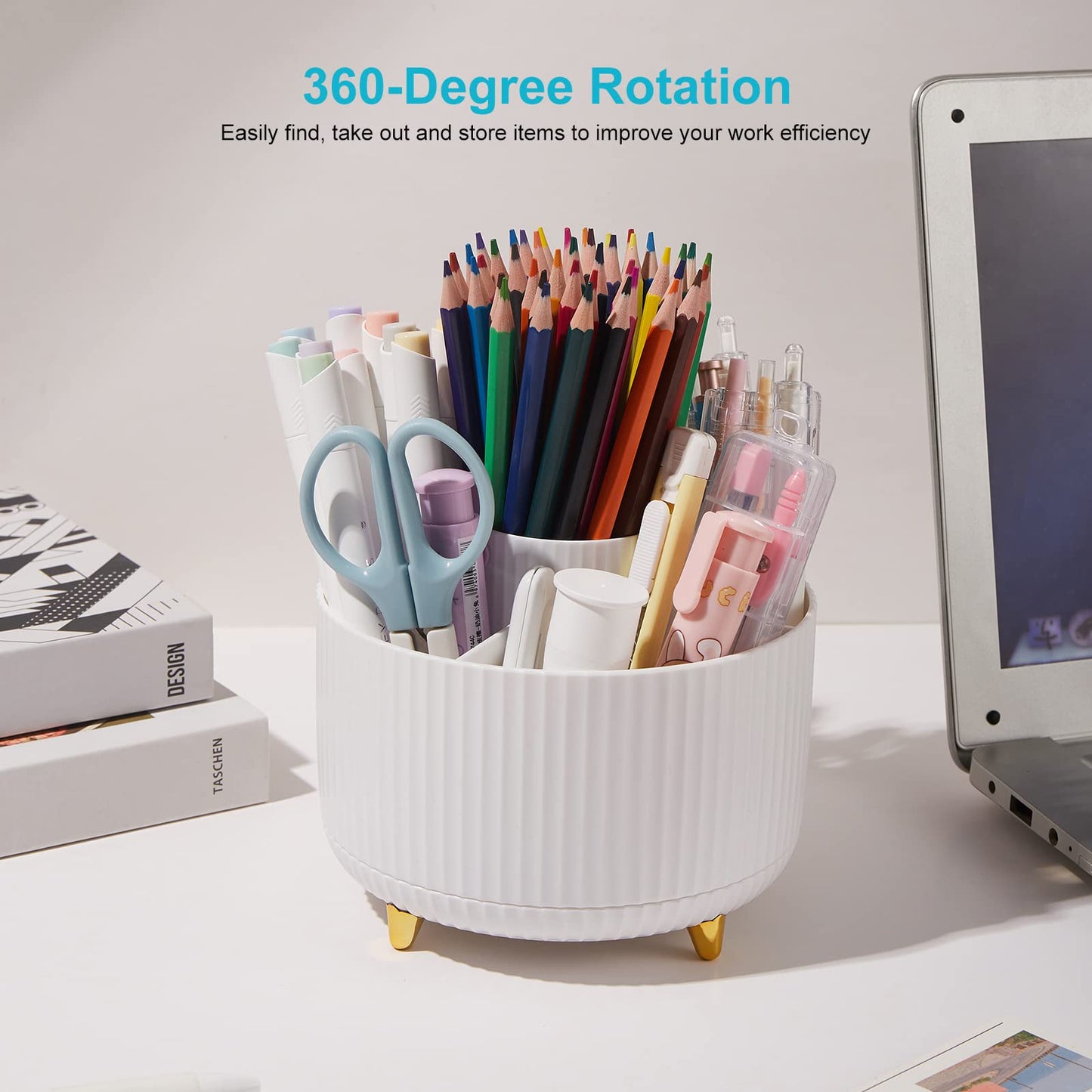 Desk Pencil Pen Holder - 5 Slot 360 Degree Rotating Desk Pen Organizer for Desktop Storage Stationery Supplies Cup Pot - White