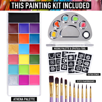 Face Body Paint Oil Makeup Set, 20 Colors FX Halloween Party Painting with Stainless Steel Mixing Palette and Spatula Tool,10 pcs Artist Paintbrushes,Tattoo Stencil Arts Crafts kit