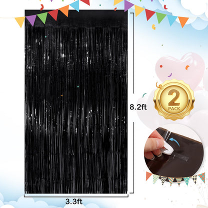 Black Fringe Curtain Party Streamers 2Pack 3.3x8.3 Ft Foil Fringe Backdrop Curtains for Birthday Wedding Bridal Baby Shower Halloween Decor Tinsel Streamers Black Party Decorations Door Streamers