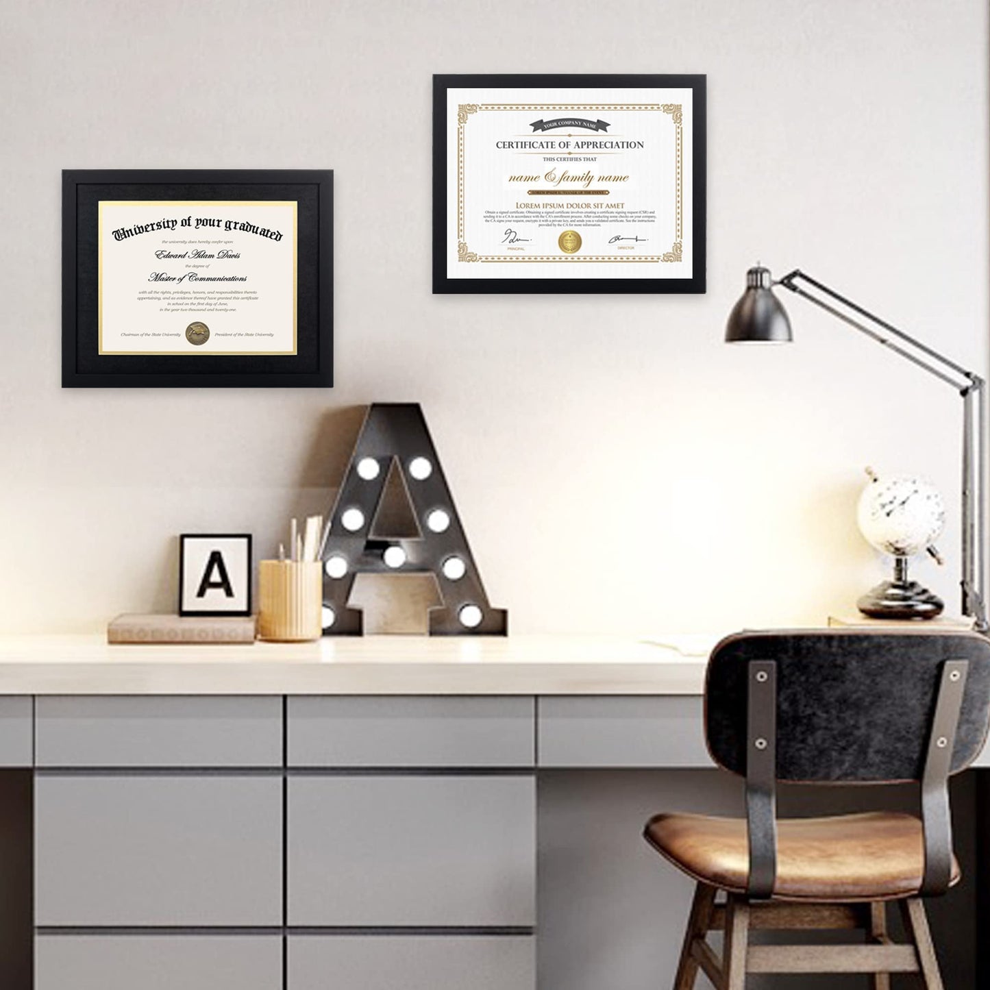 11x14 Diploma Frame Certificate Degree Document Frame with High Definition Glass, 8.5 x 11 with Mat for Wall and Tabletop, Black, 2 Pack