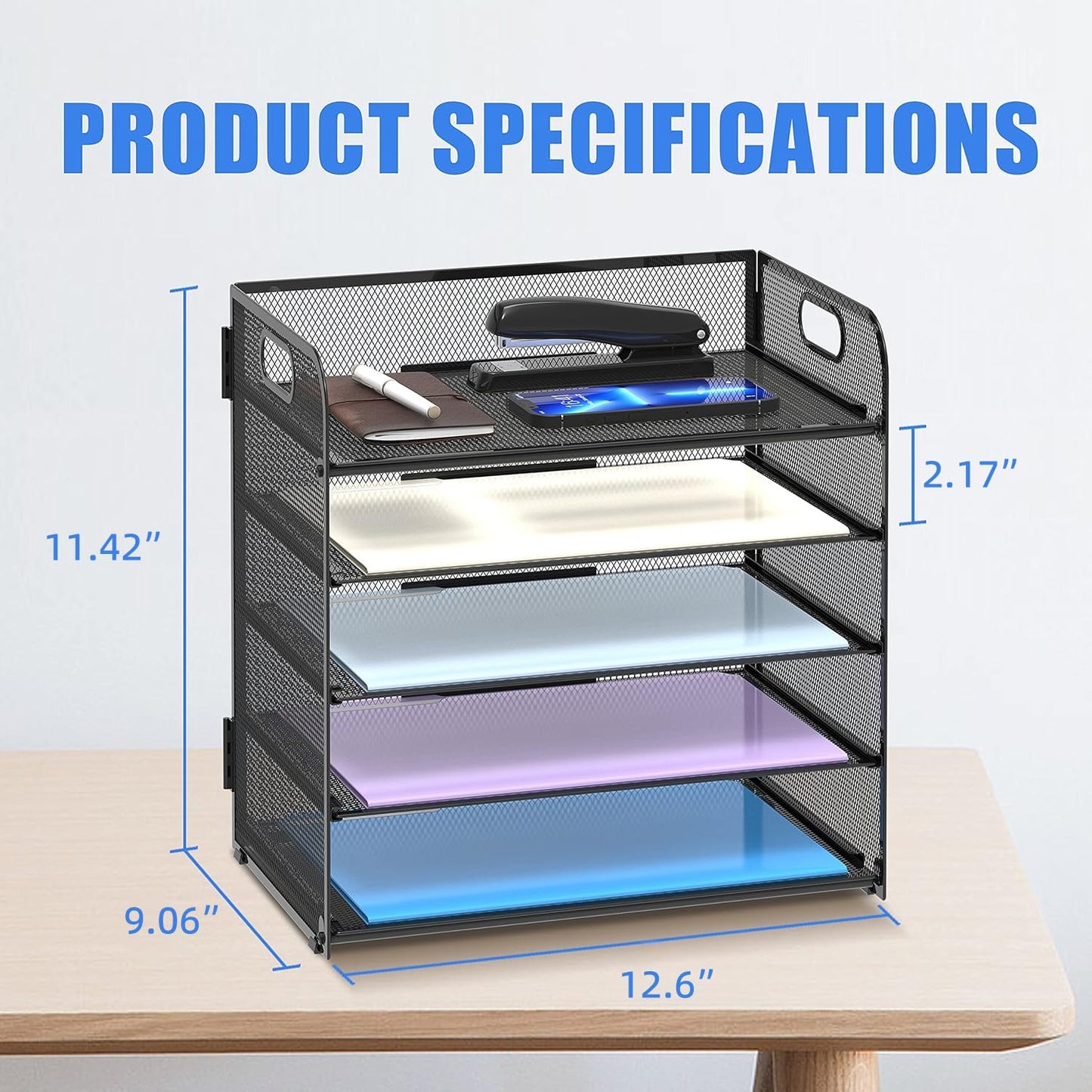 5 Trays Paper Organizer Letter Tray with Handle-Mesh Desk File Organizer, Paper Sorter Desk Organizer for Office, Home or School