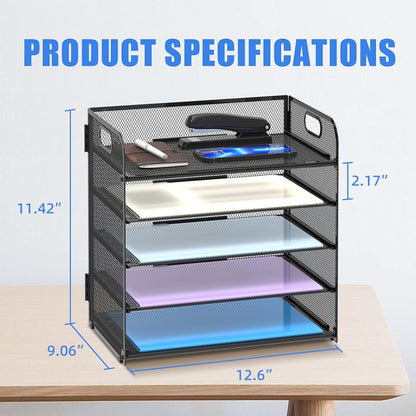 5 Trays Paper Organizer Letter Tray with Handle-Mesh Desk File Organizer, Paper Sorter Desk Organizer for Office, Home or School