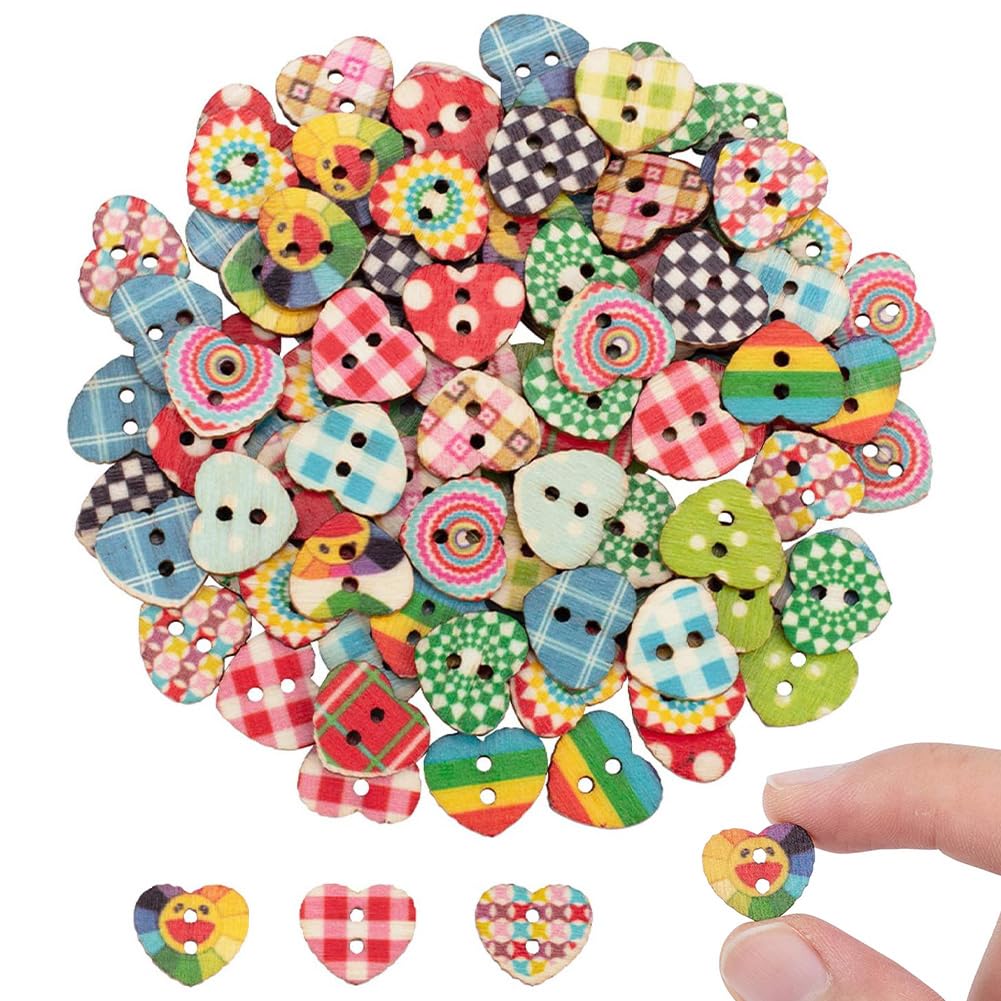 100pcs 13mm Heart Wooden Buttons 2 Holes Colorful Printed Heart Buttons for Sewing Fasteners Scrapbooking Crafts Crochet Manual Button Painting Handmade Ornament DIY Projects 1.5mm Hole