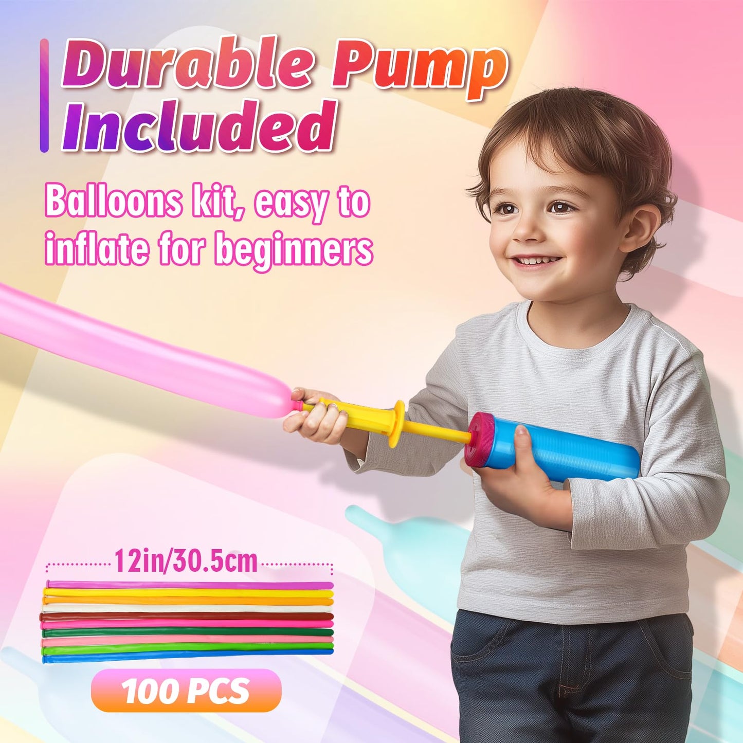 100 Pcs 260Q Balloons Kit with Pump - Kids Premium Latex Twisting Long Balloons to Make Animals Flowers, Fun Rainbow Balloons for Party Boys Girls Christmas Birthday Gifts Clowns Wedding Decor