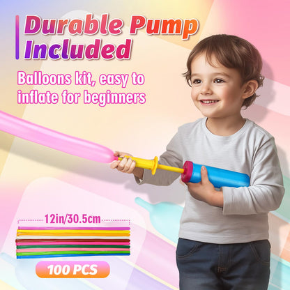 100 Pcs 260Q Balloons Kit with Pump - Kids Premium Latex Twisting Long Balloons to Make Animals Flowers, Fun Rainbow Balloons for Party Boys Girls Christmas Birthday Gifts Clowns Wedding Decor