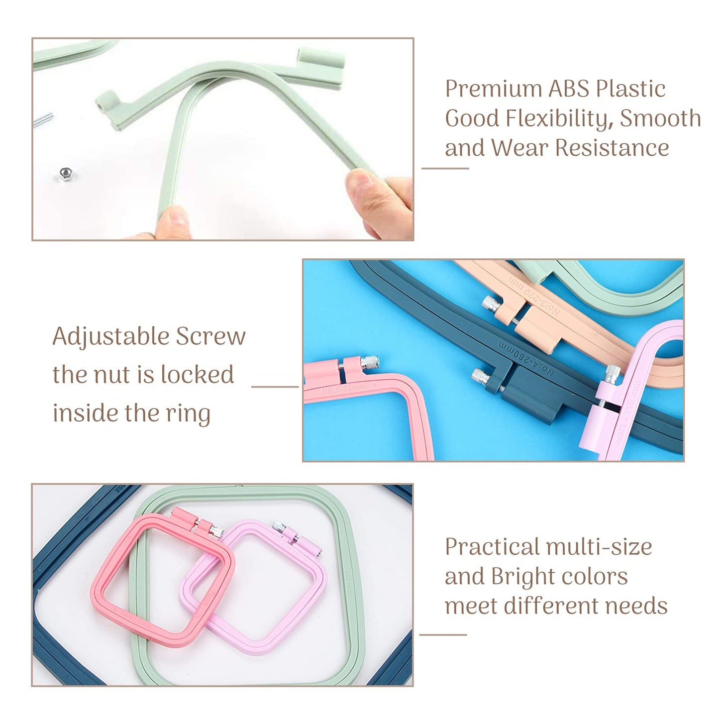 Square Embroidery Hoops, Cross Stitch Hoop and ABS Plastic Embroidery Hoops for Sewing, Needlework, Cross Stitch, Embroidery Projects (3PCS-3", 4.3", 6.5")