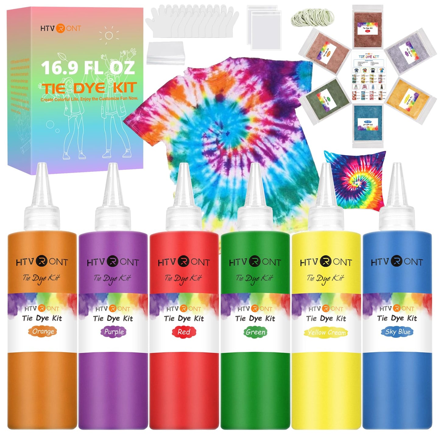 Large Tie Dye Kit - 16.9 oz Tye Dye Kit Pre-Filled Easy Squeeze Bottles & Refills Powder, 6 Vibrant Colors Permanent Non-Toxic Tie Dye Kit for Large Groups Kids Adults Party Activity