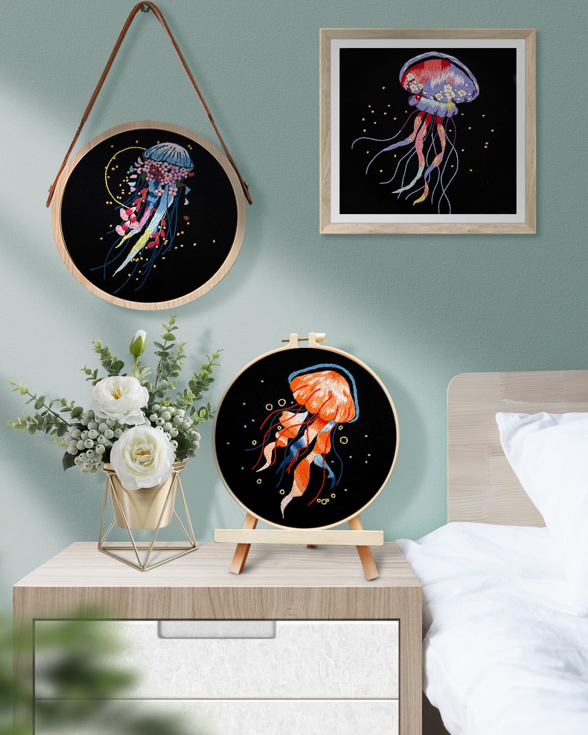 Embroidery Kit for Adults, 5 Sets Jellyfish Embroidery Kit for Beginners Include Embroidery Cloth Hoops Threads for Craft Lover Hand Stitch with Embroidery Skill Techniques