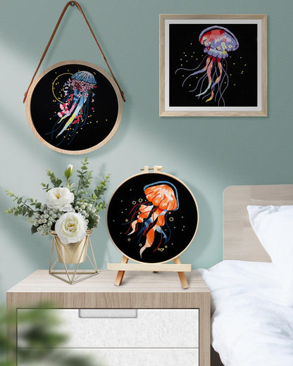 Embroidery Kit for Adults, 5 Sets Jellyfish Embroidery Kit for Beginners Include Embroidery Cloth Hoops Threads for Craft Lover Hand Stitch with Embroidery Skill Techniques