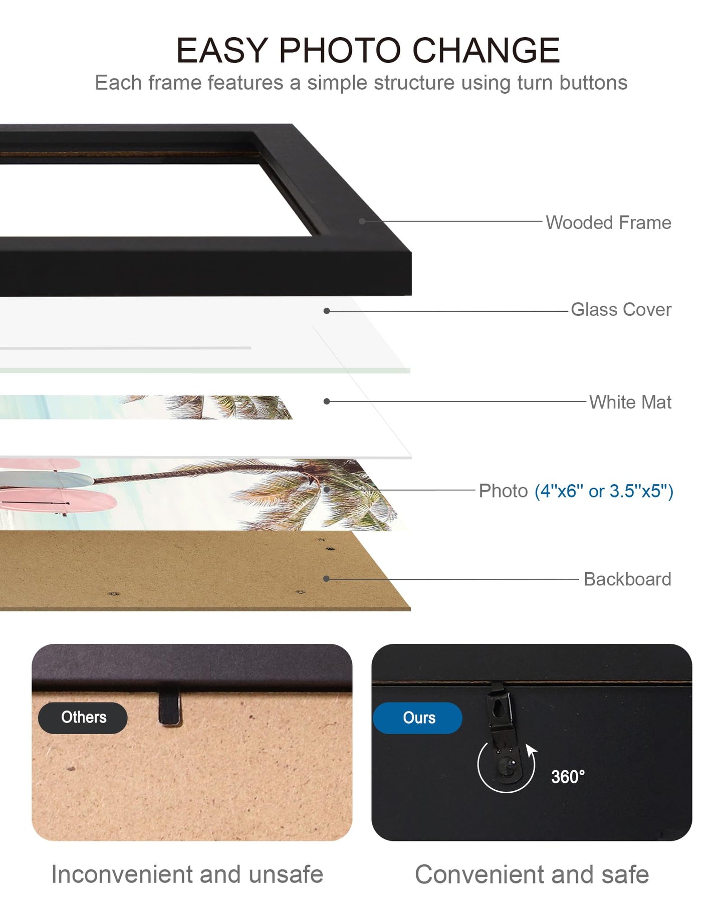 4x6 Picture Frame (4 Pack, Black), Made of Real Glass and Wooden Frame - Display Pictures 3.5x5 with Mat or 4x6 Without Mat, 4 by 6 Photo Frames TableTop Display and Wall Mounting