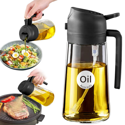16oz/470ml Glass Olive Oil Sprayer for Cooking with Stickers, 2 in 1 Oil Dispenser for Kitchen Gadgets, Food Grade Premium Spray Bottle with Portion Control for Salad, Frying, BBQ (Black)