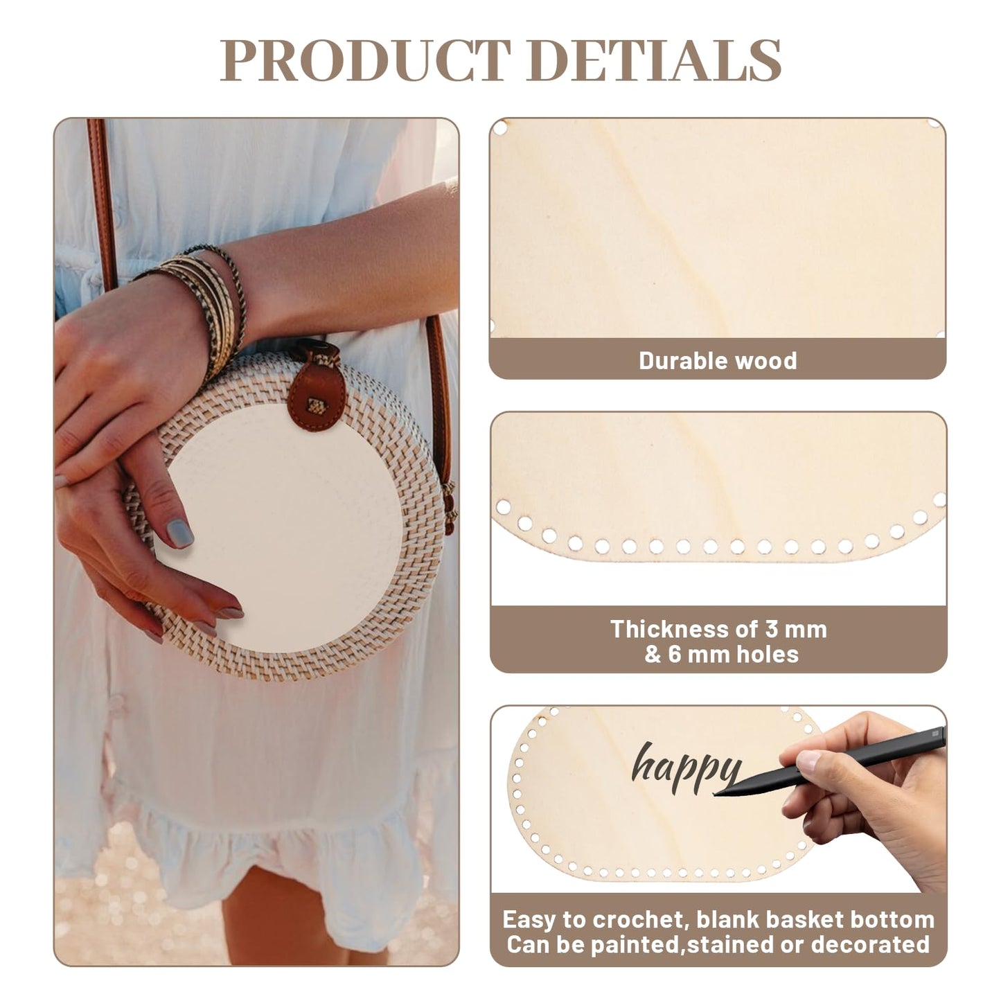 5Pcs Wooden Basket Bottom, 5 Sizes Oval Circle Blank Crochet Basket Wood Base, Basket Making Supplies Basket Bottoms for Crochet Base, Basket Weaving Supplies Knitting Basket